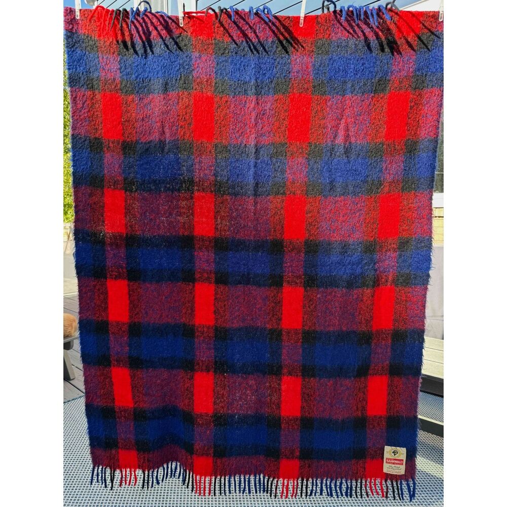 Vintage Sannwald Mohair &Virgin Wool Austria Red Blue Plaid Tartan Blanket Throw